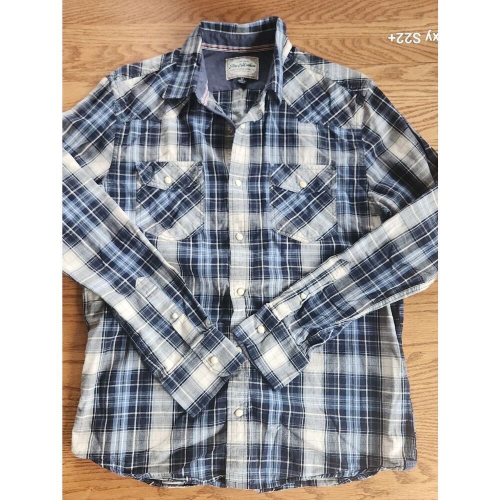 M11 Flag & Anthem Mens Blue Plaid Pearly White Snap-Up Long Sleeve Western Shirt